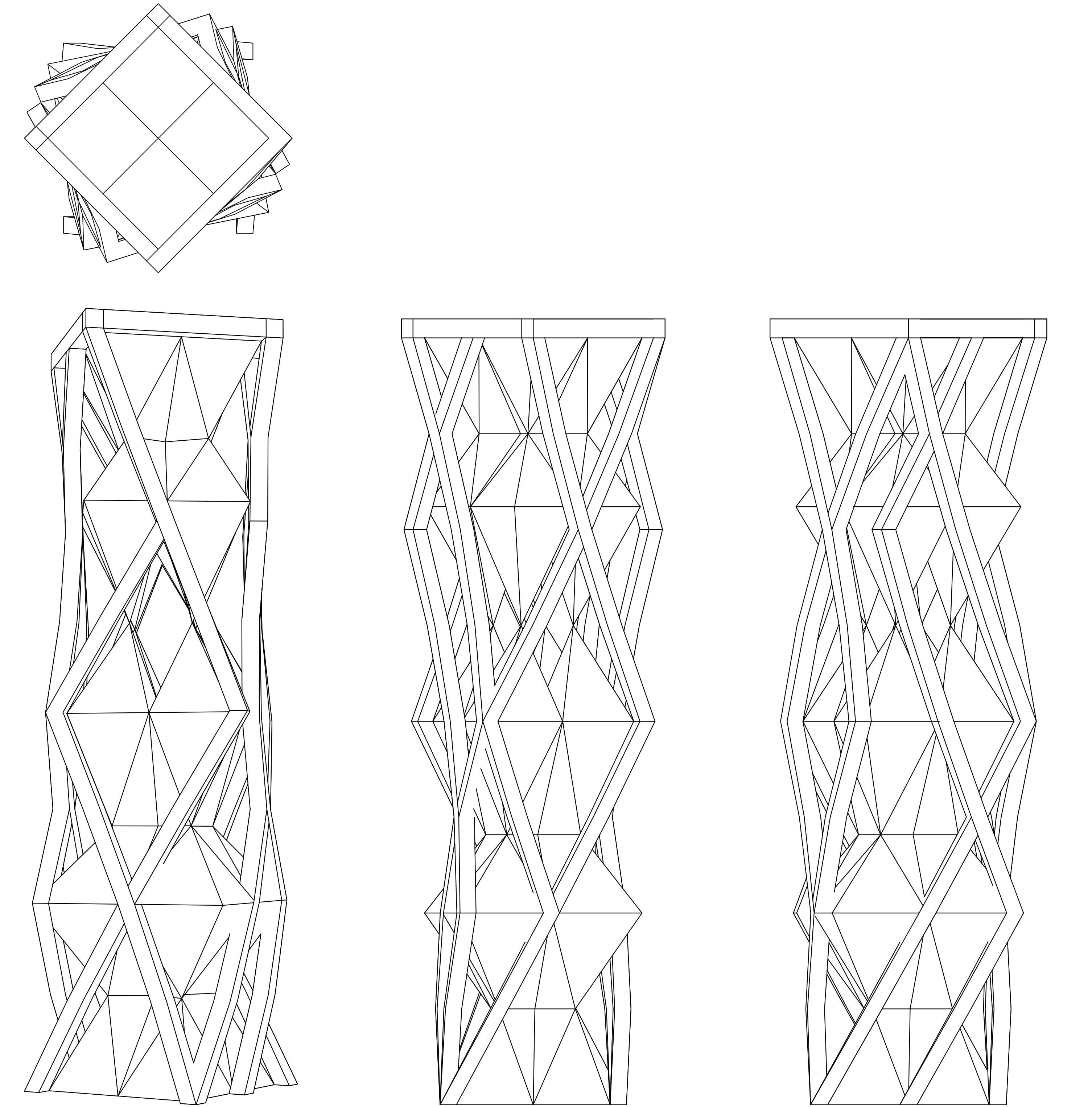 Draufsicht, Seitenansicht und Perspektive des Turms als Strichzeichnung